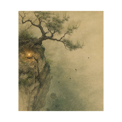 Japandi Pine Tree in Candlelight | Minimal Line Wall Art Print