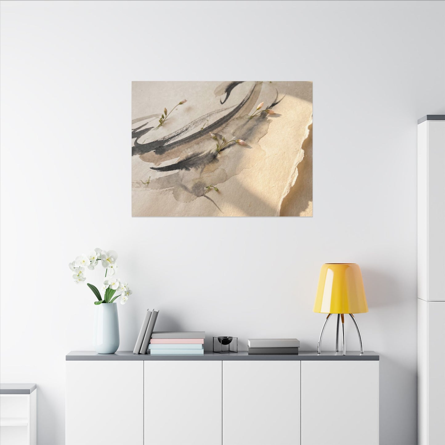 Ink Brushstroke Watercolor Canvas Art | Neutral Japandi Art
