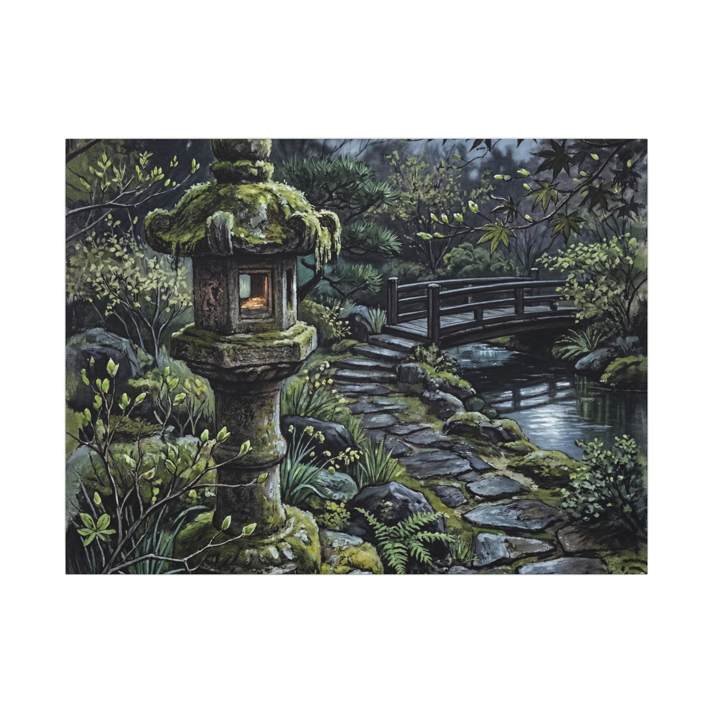 Japandi Stone Lantern in Moonlight | Texture Canvas Art Art Print