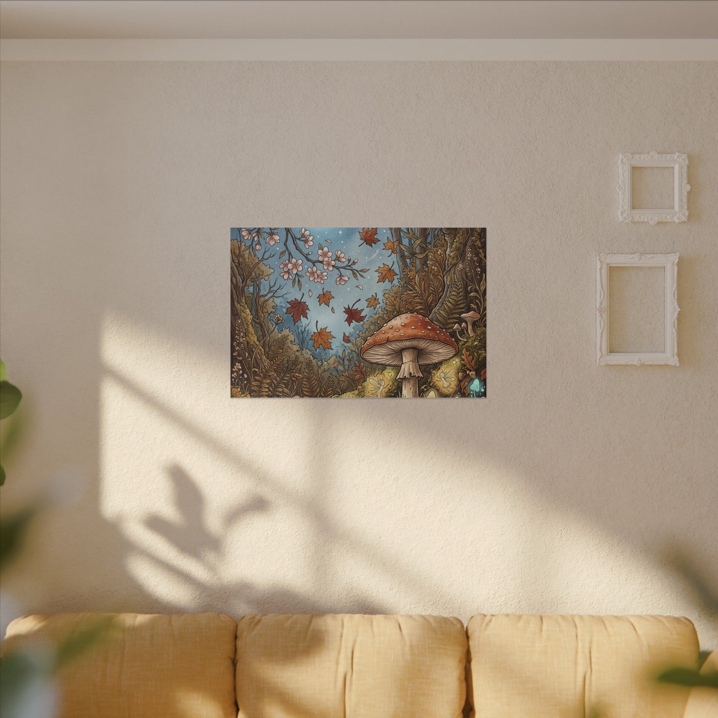 Autumn Cherry Blossom Mushroom Illustration Canvas Art | Enchanting Decor