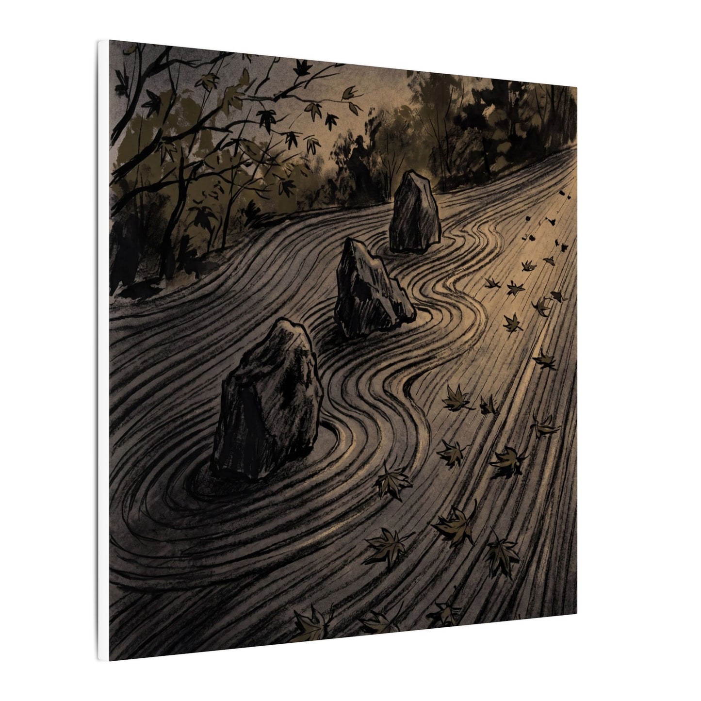Rock Garden Canvas Art | Autumn Dark Japandi Charcoal Ink Art