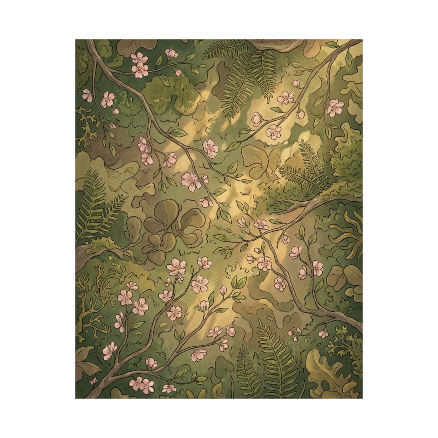 Summer Cherry Blossom Forest Whimsy Wall Art Print | Earthy Decor