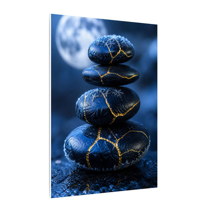 River Stones Canvas Art | Winter Kintsugi Gold Repair Art