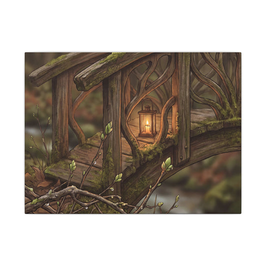 Wooden Bridge Canvas Art | Spring Cottagecore Forest Whimsy Art Art Print