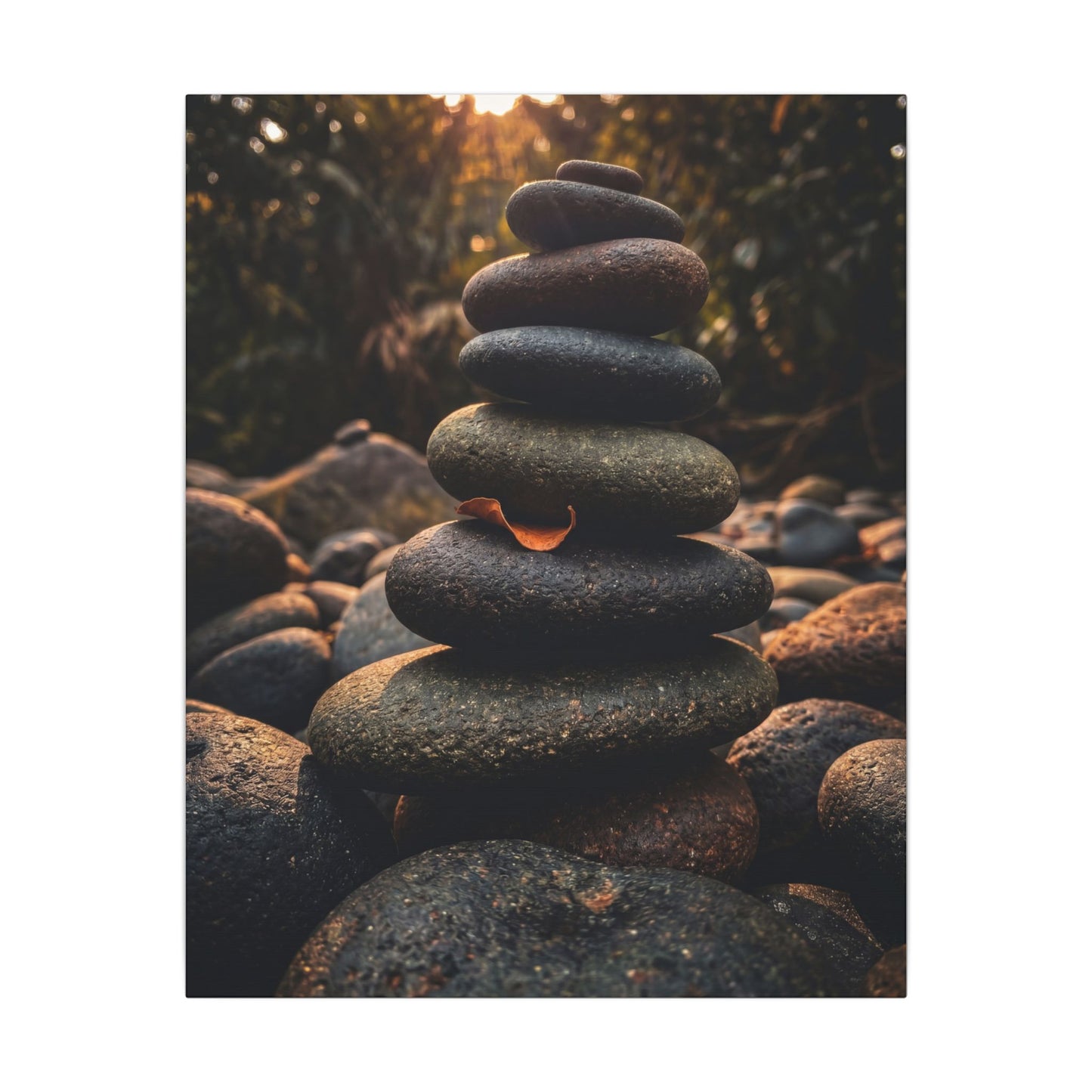Dark Japandi River Stones in Golden Hour | Moody Minimal Canvas Art