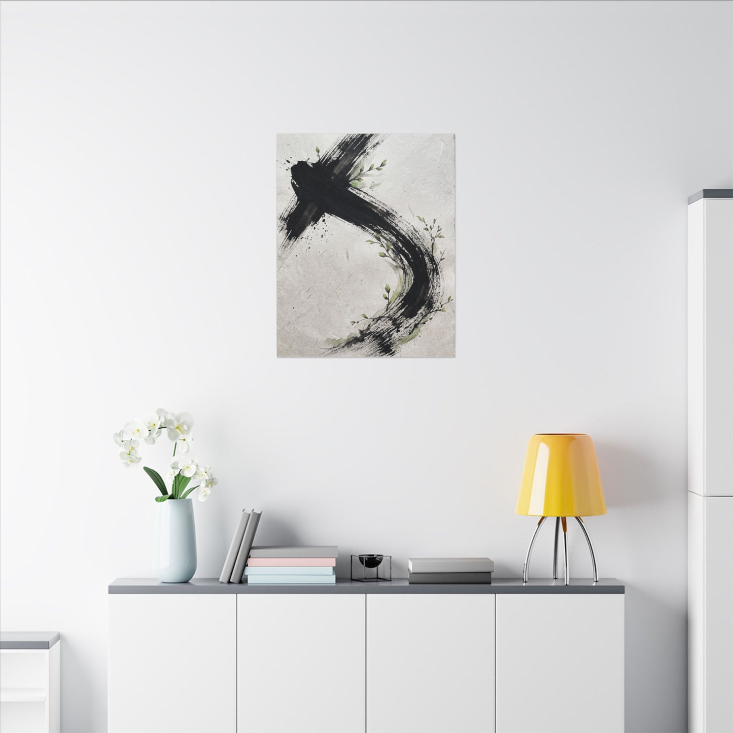 Ink Brushstroke Spring Canvas Art | Dark Japandi Sophisticated Design
