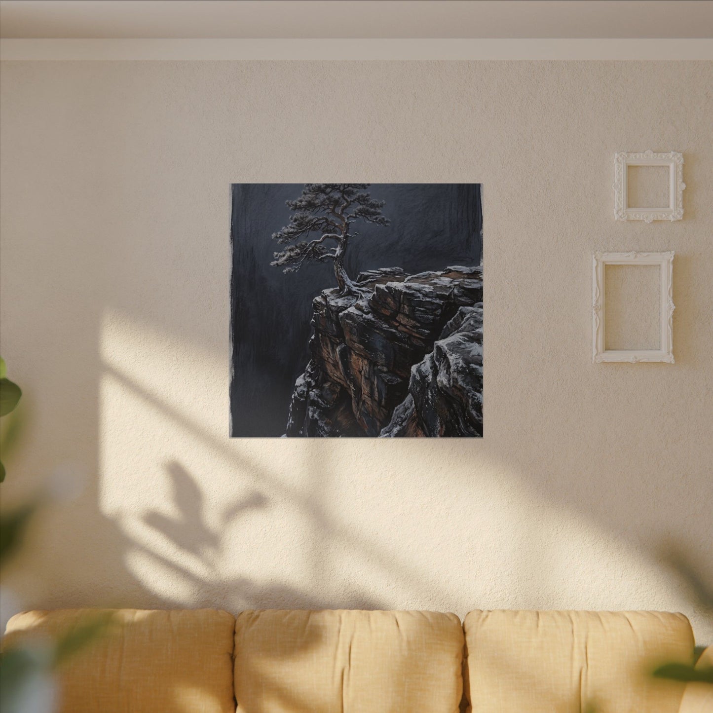 Dark Japandi Pine Tree in Dawn | Dark Texture Canvas Art