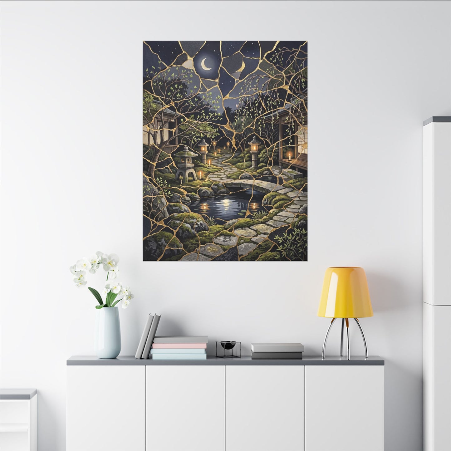Kintsugi Moonlit Garden in Candlelight | Gold Vein Canvas Art