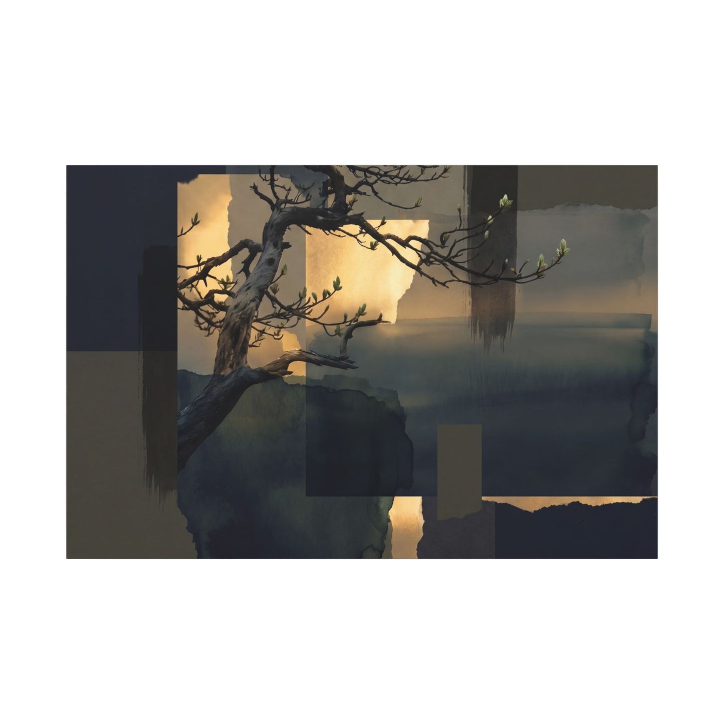 Golden Hour Pine Tree Canvas Art - Dark Japandi Kanso