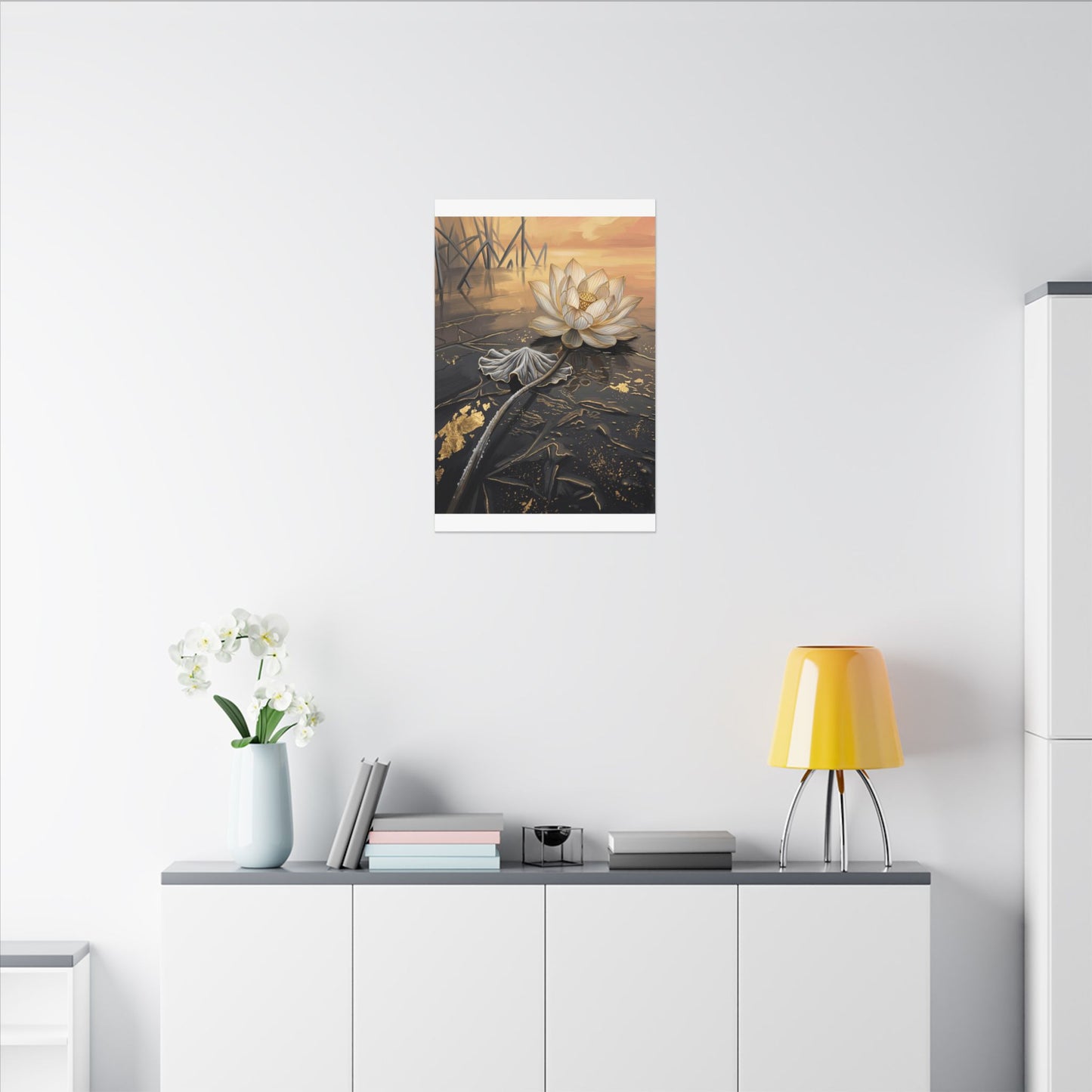 Kintsugi Lotus Flower in Golden Hour | Gold Vein Canvas Art