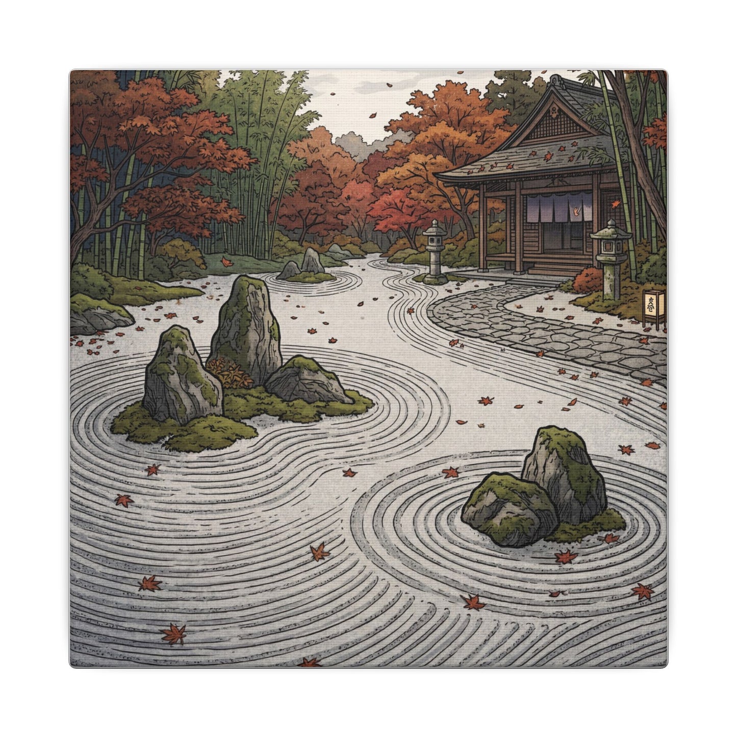 Autumn Rock Garden Ukiyo E Inspired Canvas Art | Peaceful Decor
