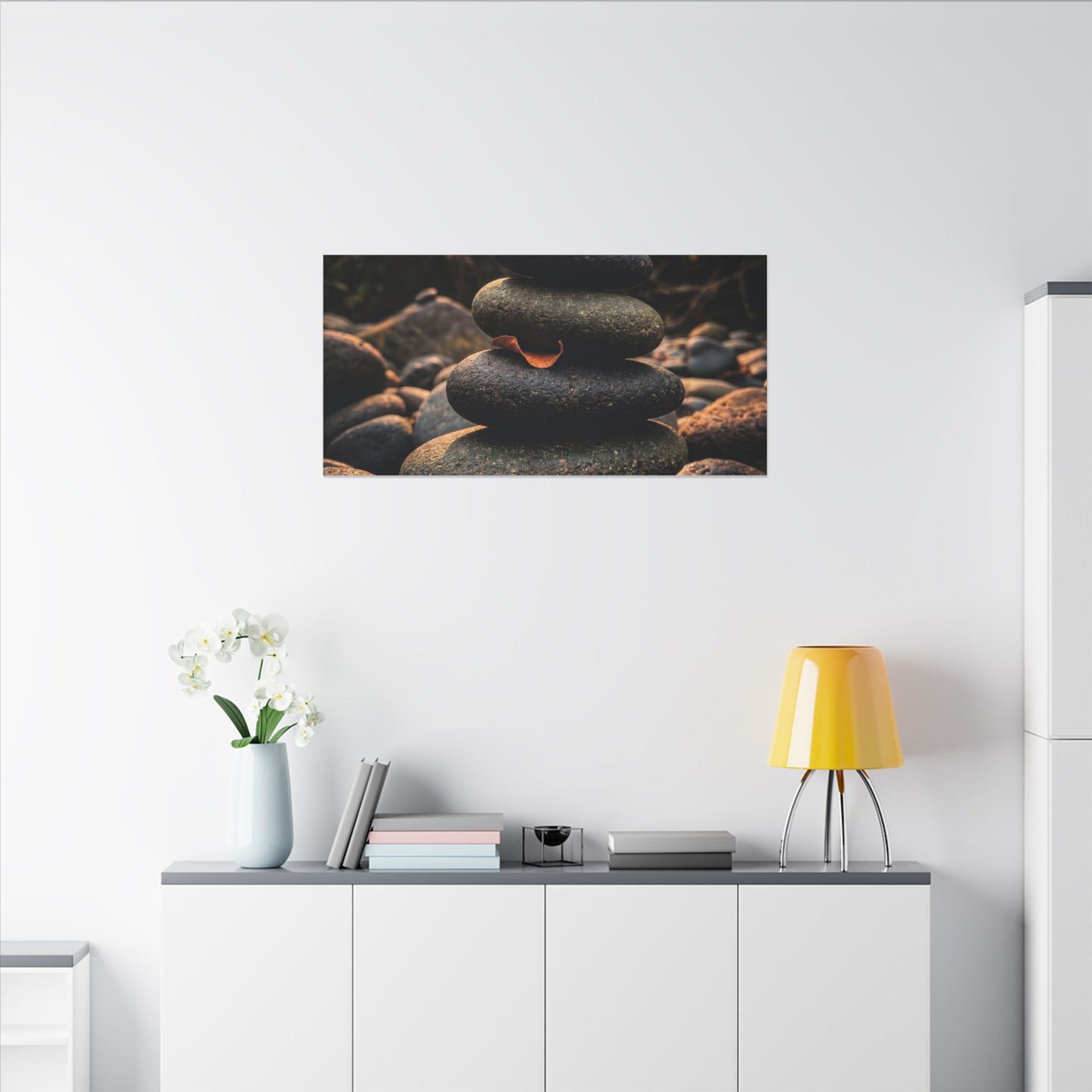 Dark Japandi River Stones in Golden Hour | Moody Minimal Canvas Art