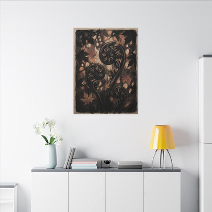Mono No Aware Fern Unfurling Canvas Art - Dark Japandi Charcoal Ink