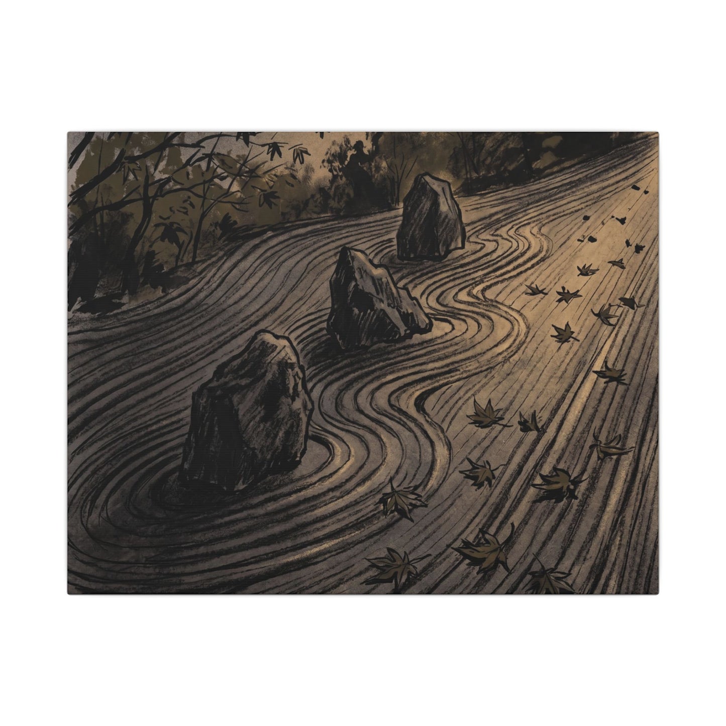 Rock Garden Canvas Art | Autumn Dark Japandi Charcoal Ink Art