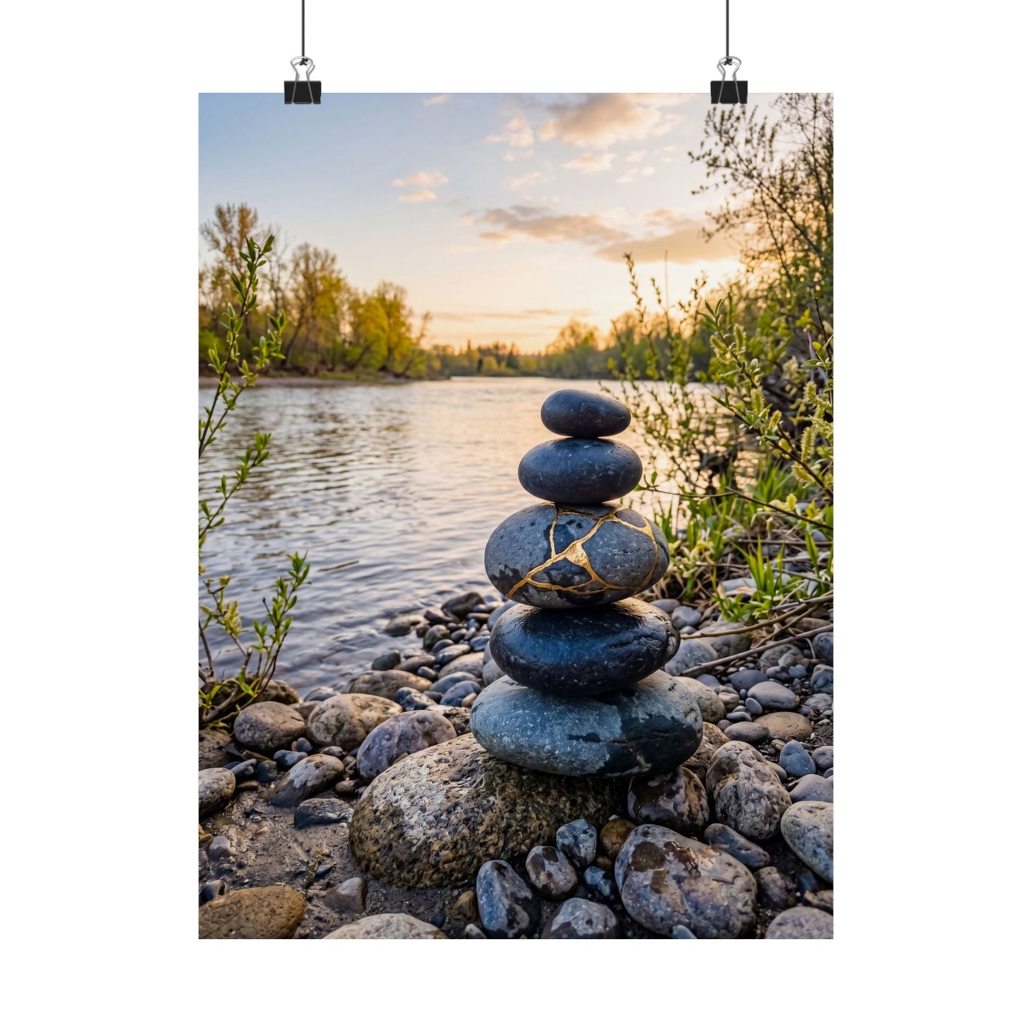 Beautiful River Stones Wall Art Print - Gold Vein Kintsugi