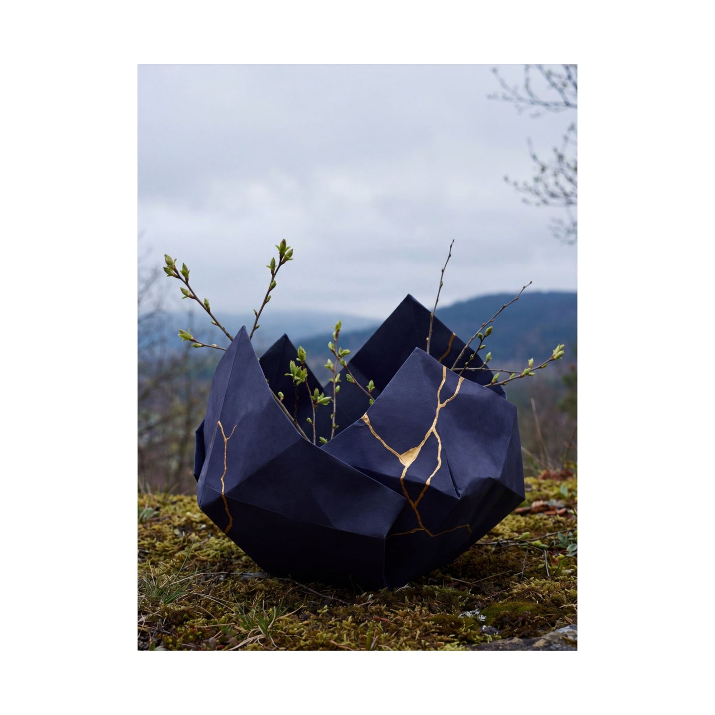 Kintsugi Paper Fold in Overcast | Gold Repair Wall Art Print