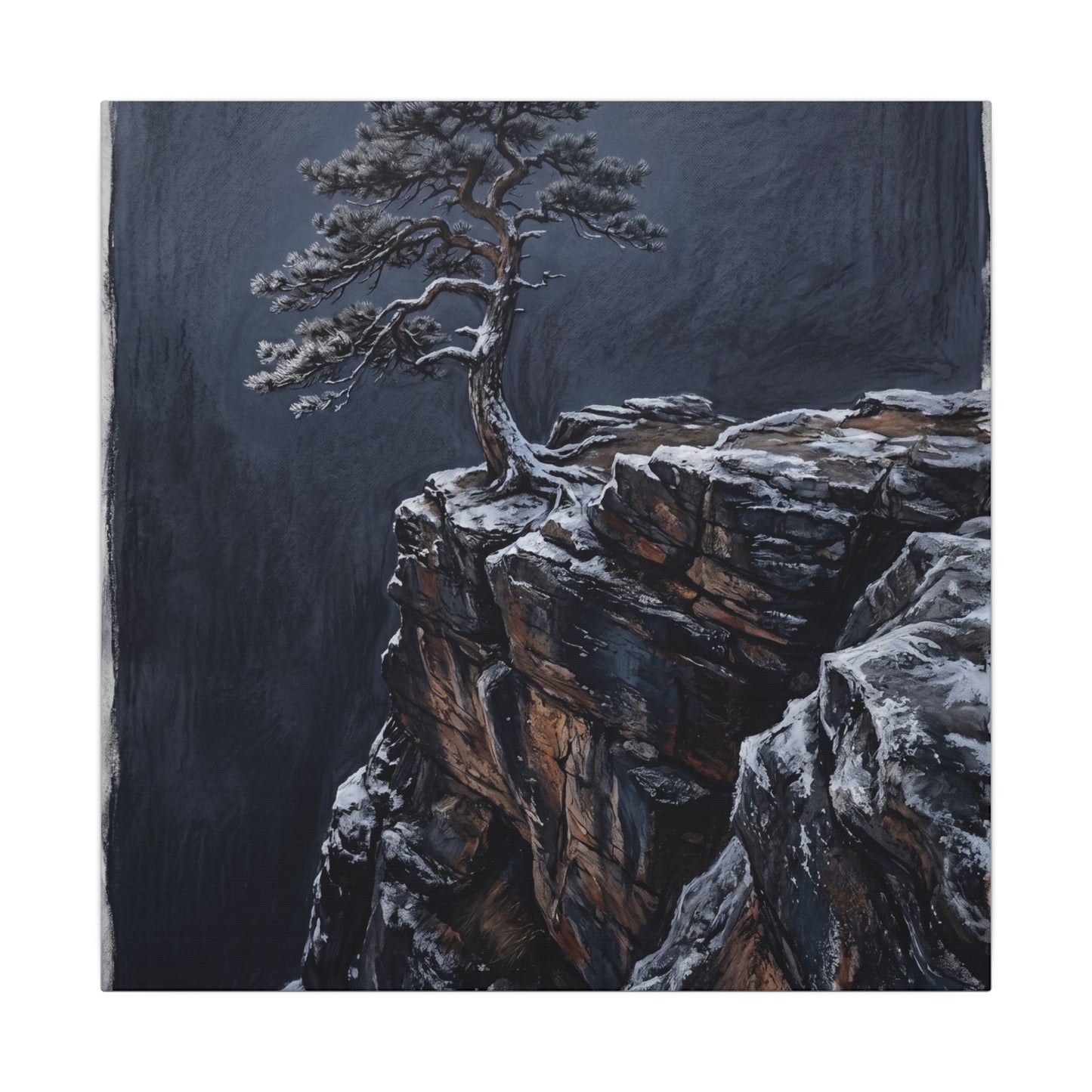 Dark Japandi Pine Tree in Dawn | Dark Texture Canvas Art
