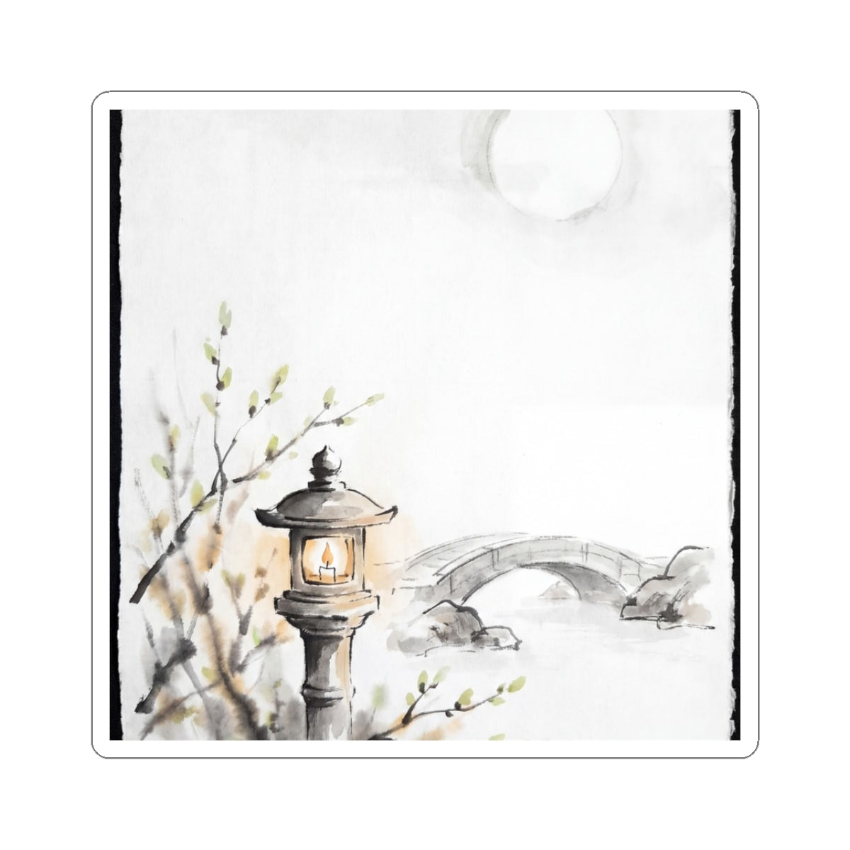 Spring Moonlit Garden Sumi E Sticker | Serene Decor Art Print
