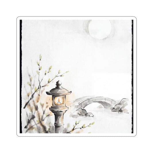 Spring Moonlit Garden Sumi E Sticker | Serene Decor Art Print