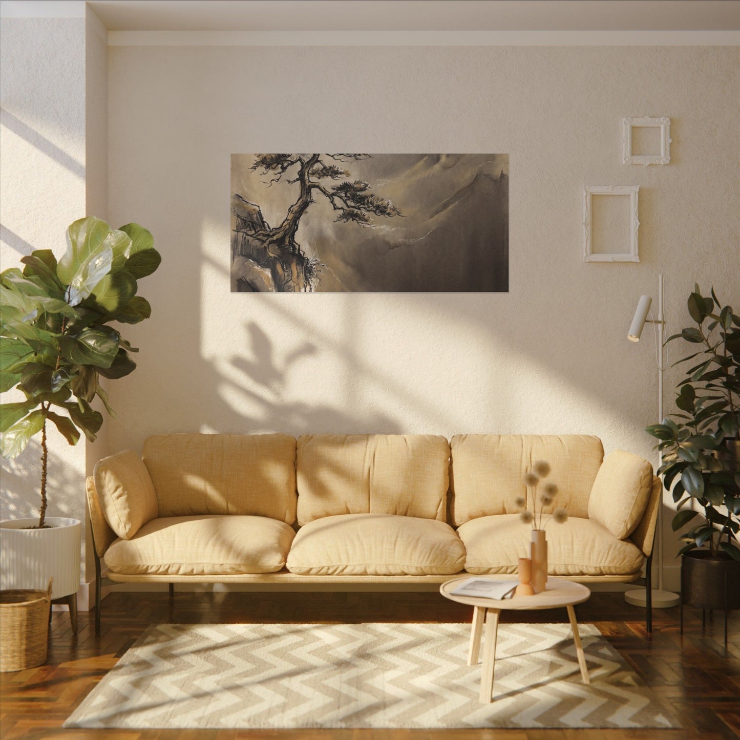 Pine Tree Charcoal Ink Canvas Art | Luxurious Dark Japandi Art