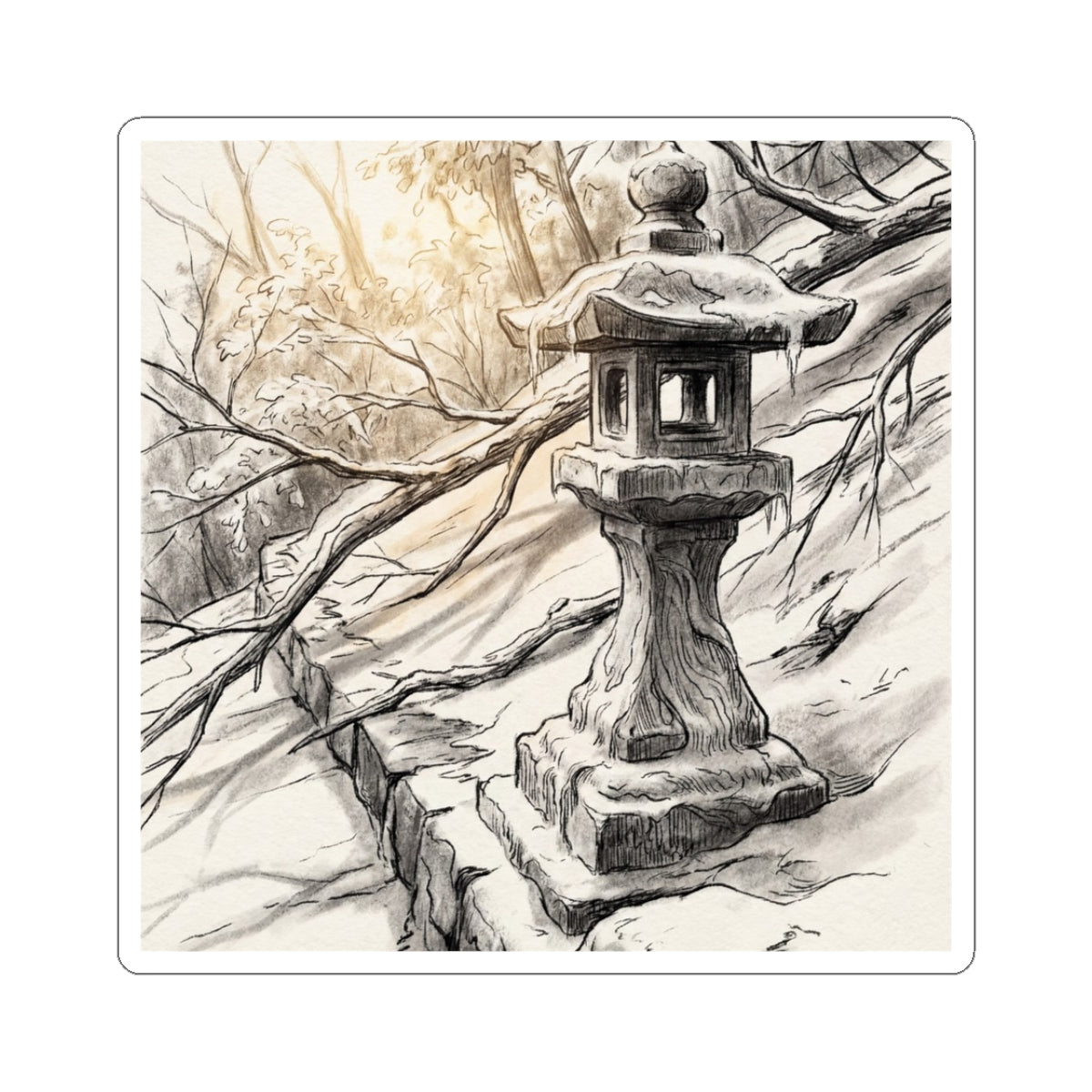 Cozy Stone Lantern Sticker - Minimal Line Japandi Art Print
