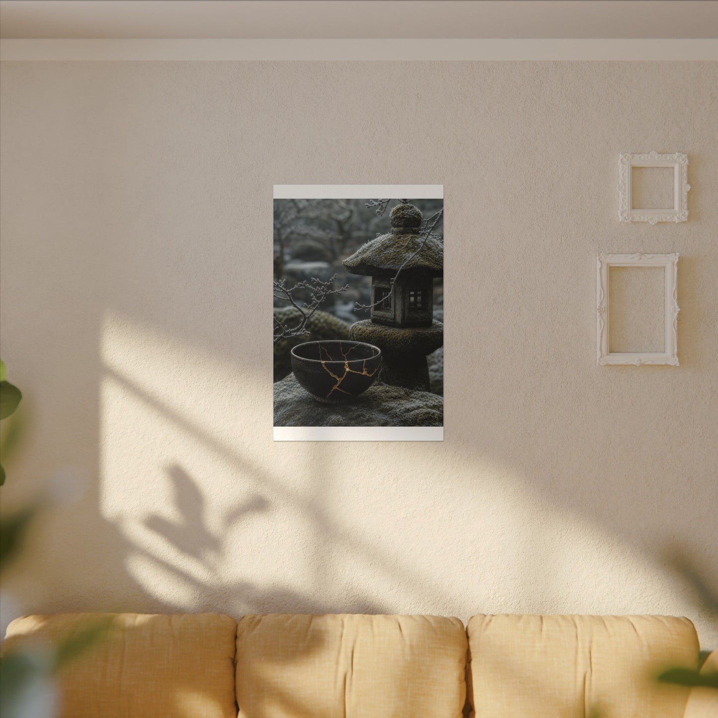 Stone Lantern Canvas Art | Winter Kintsugi Gold Repair Art