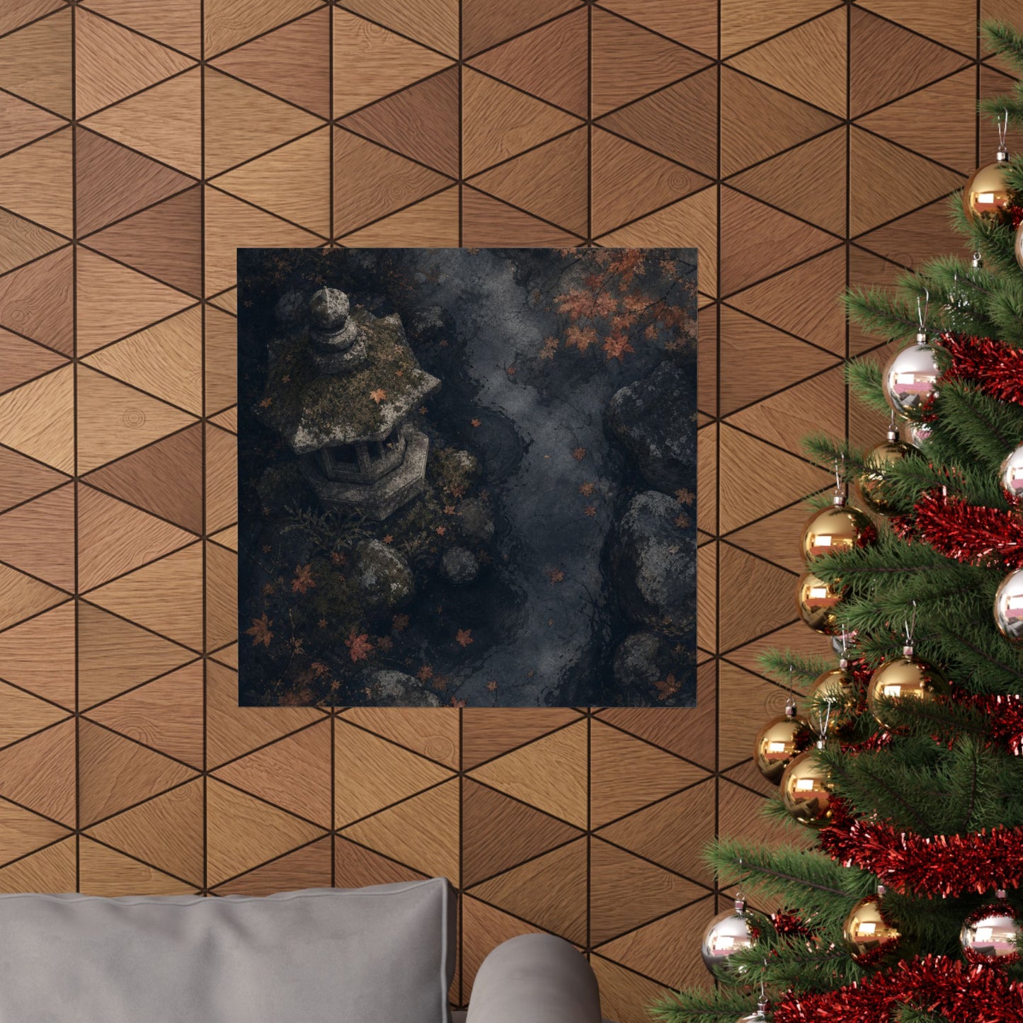 Japandi Stone Lantern in Moonlight | Texture Wall Art Print