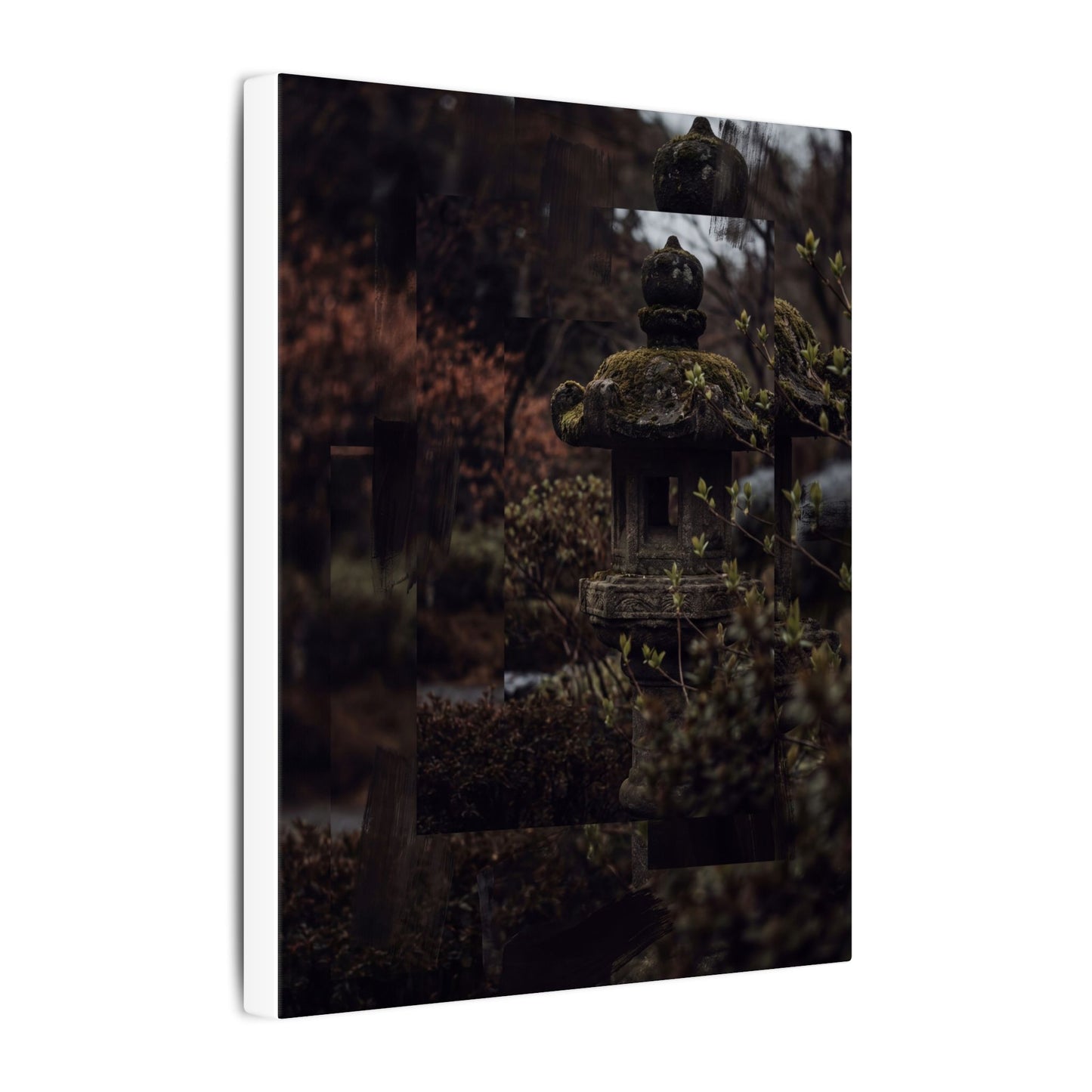 Stone Lantern Spring Canvas Art | Dark Japandi Bold Design
