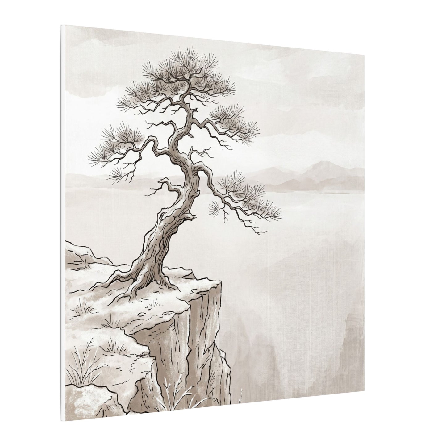 Neutral Pine Tree Canvas Art - Minimal Line Japandi