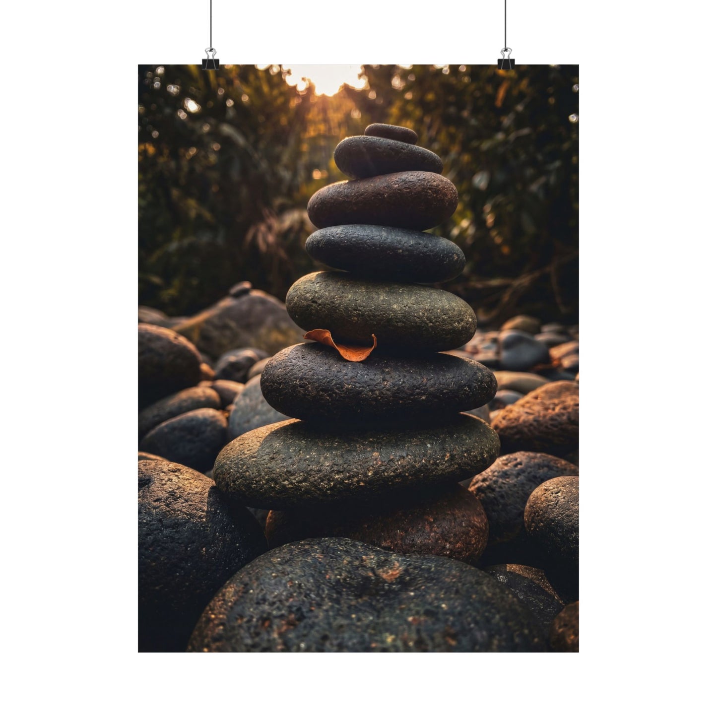 River Stones Wall Art Print | Summer Dark Japandi Moody Minimal Art