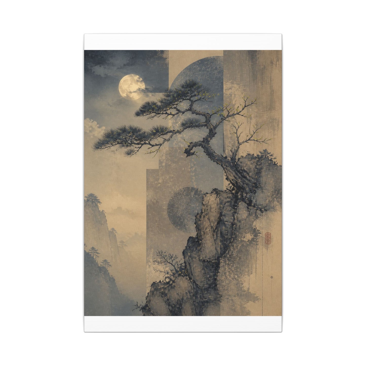 Japandi Pine Tree in Moonlight | Japanese Pattern Canvas Art
