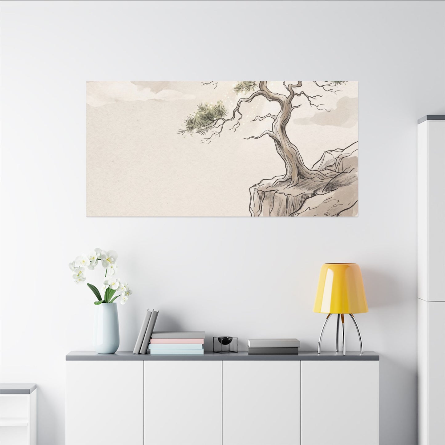Japandi Pine Tree in Dappled | Minimal Line Canvas Art