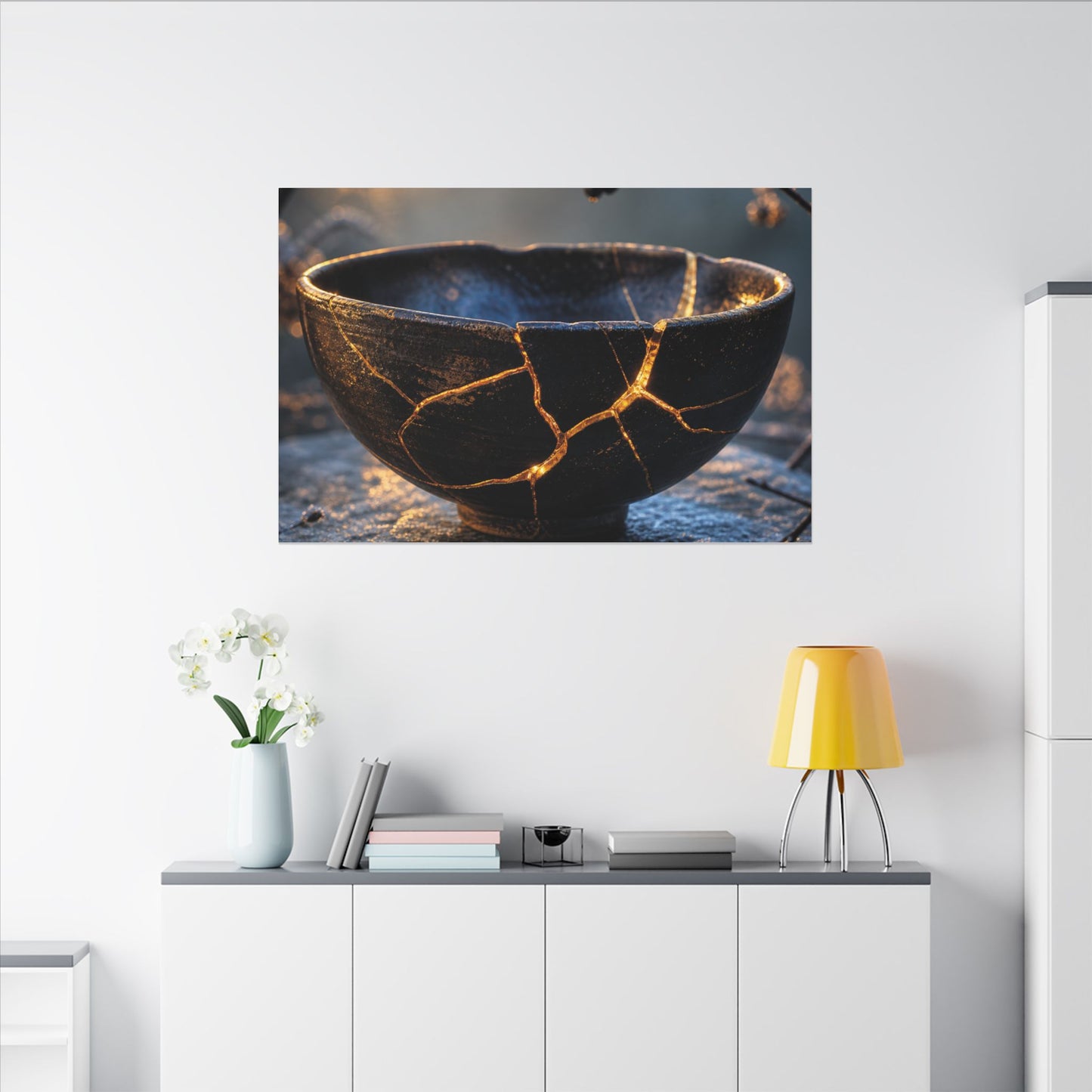 Ceramic Bowl Canvas Art | Winter Kintsugi Gold Repair Art
