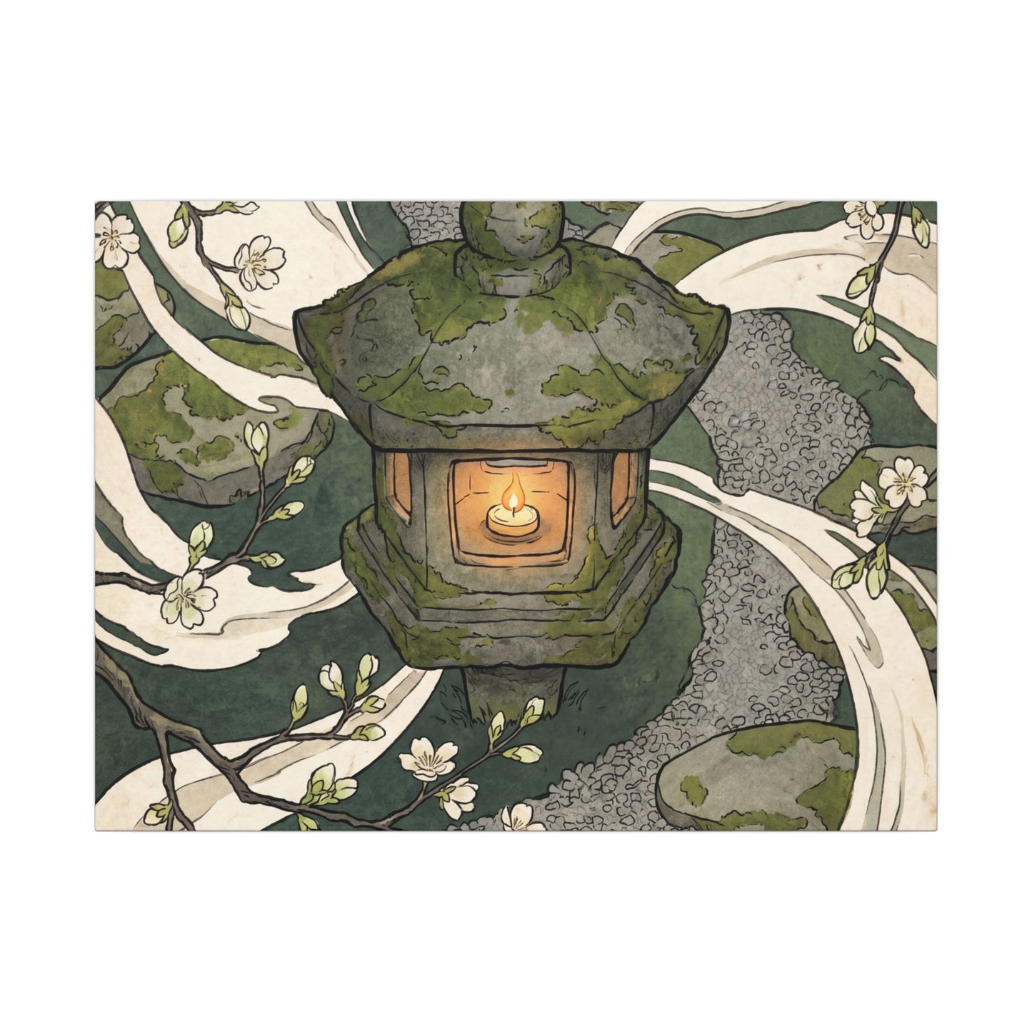 Zen Stone Lantern in Candlelight | Ukiyo E Inspired Canvas Art
