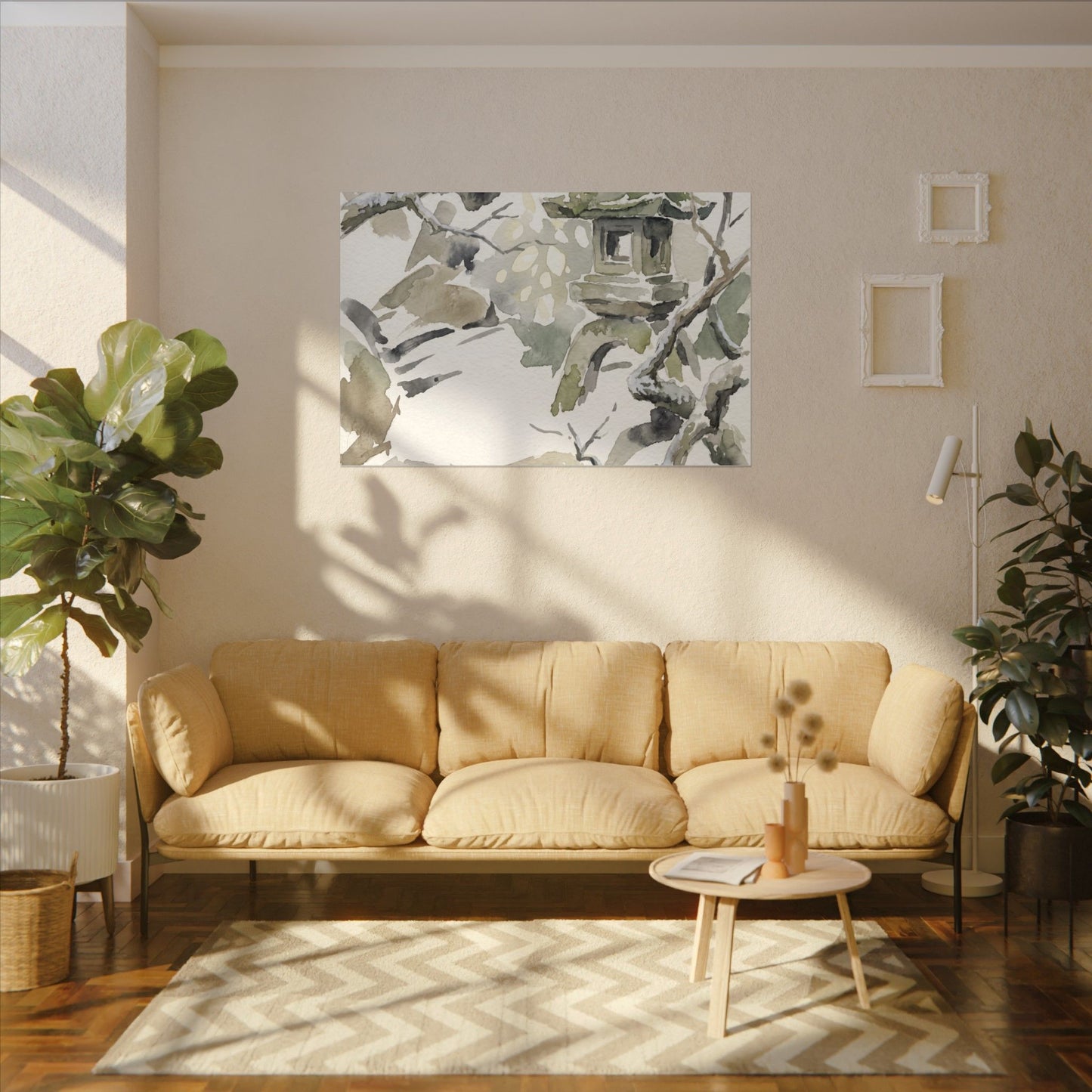 Elegant Stone Lantern Canvas Art - Watercolor Japandi