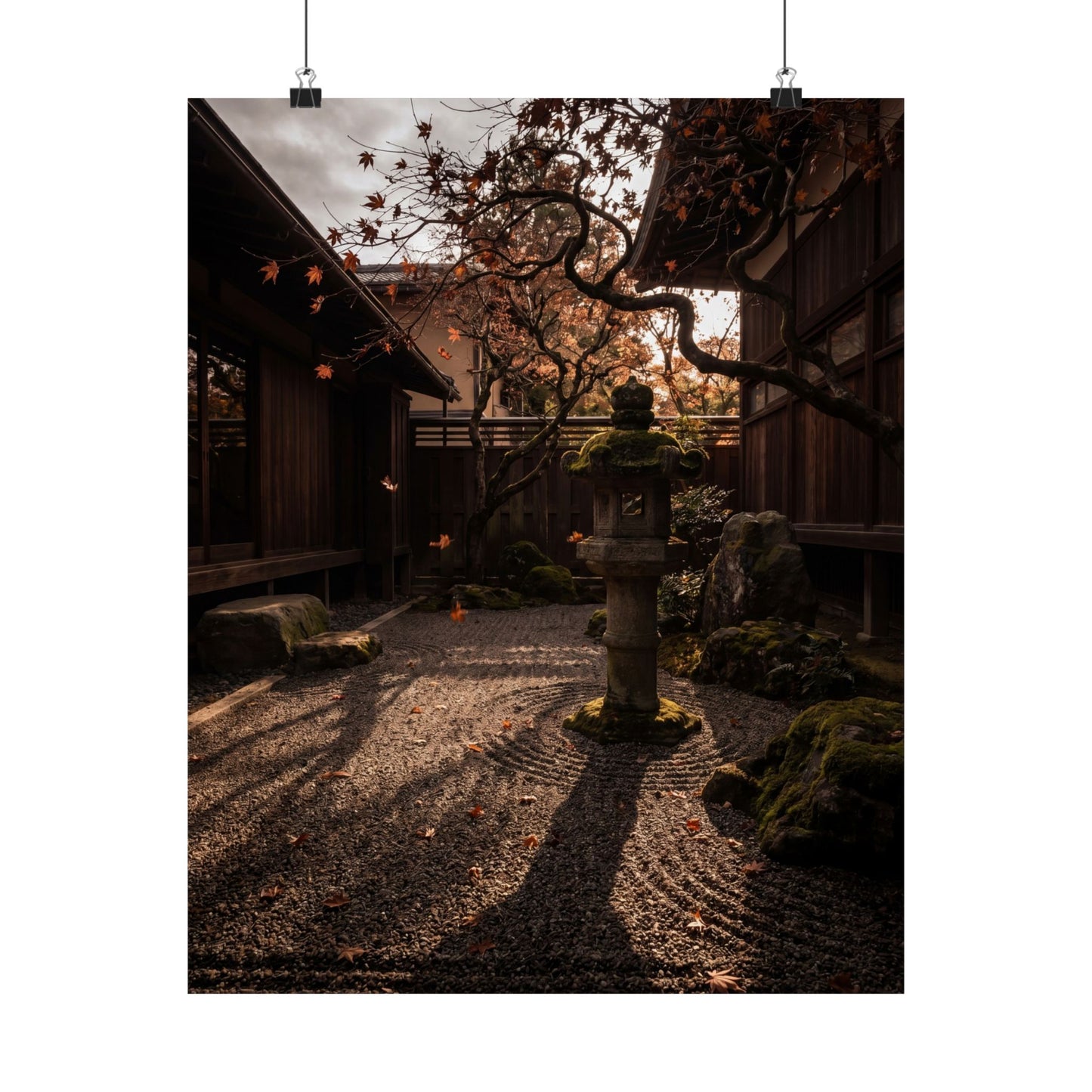 Autumn Stone Lantern Shadow Zen Wall Art Print | Moody Decor