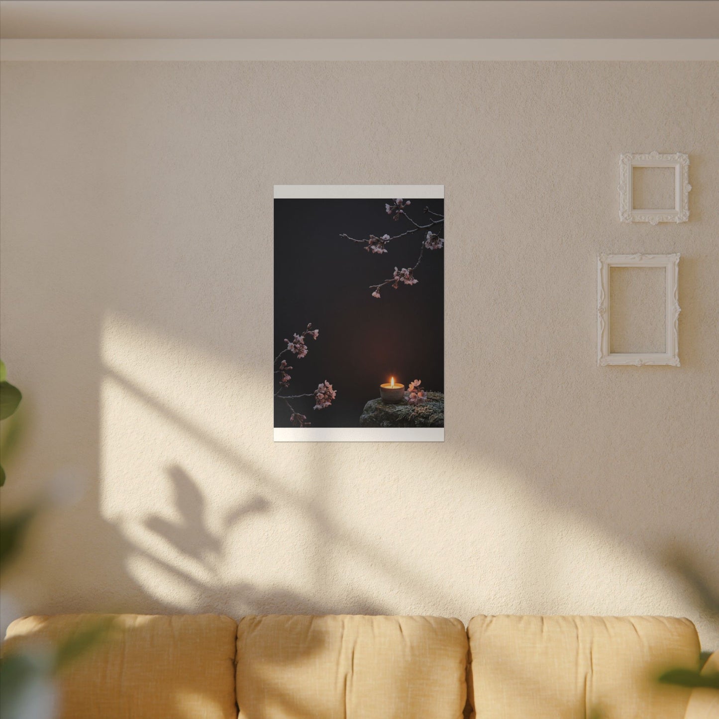 Dark Japandi Cherry Blossom in Candlelight | Moody Minimal Canvas Art