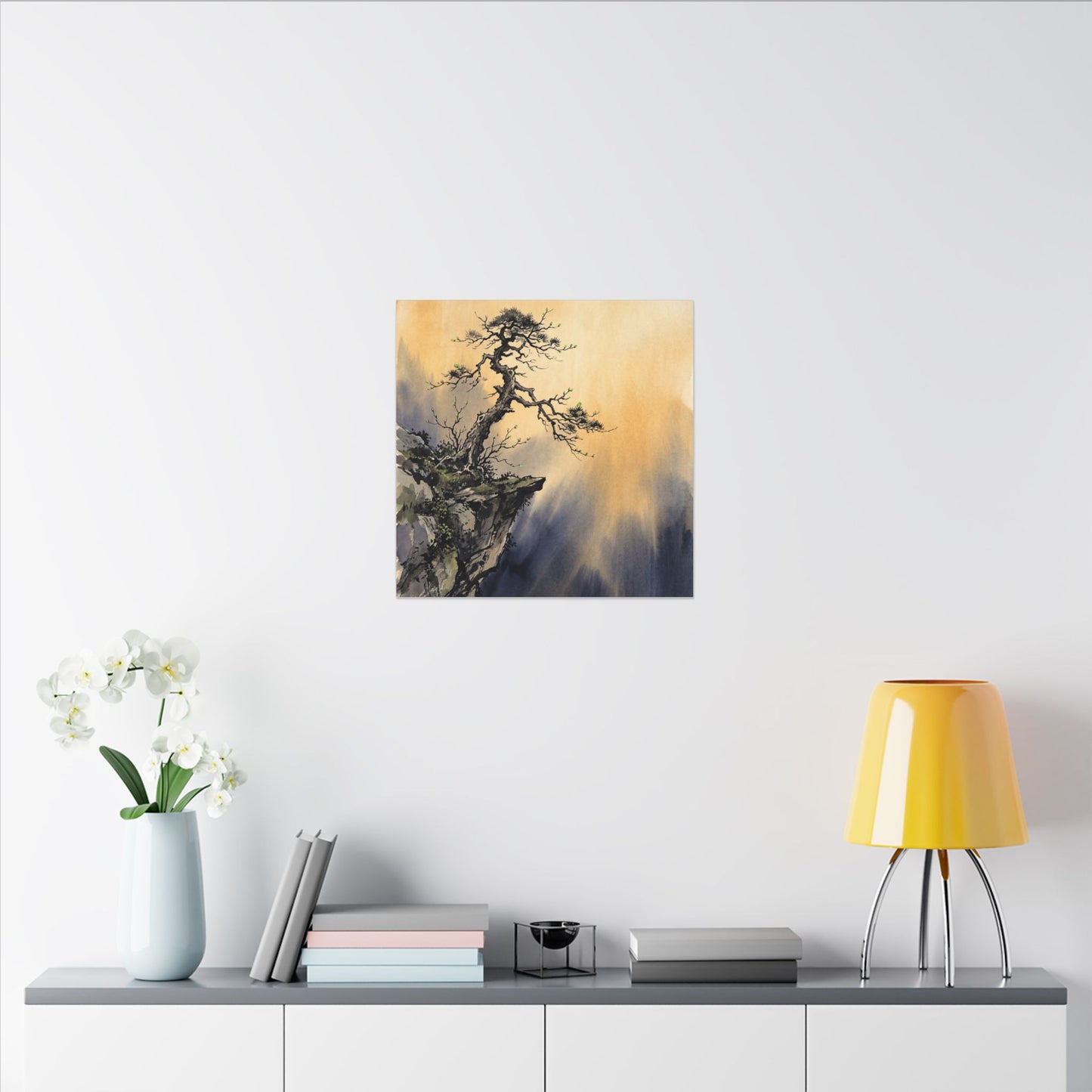 Zen Pine Tree in Golden Hour | Sumi E Canvas Art