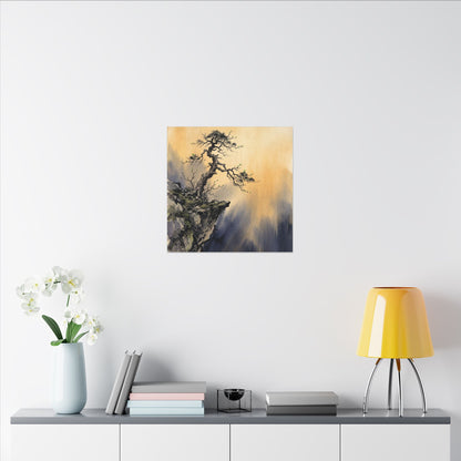 Zen Pine Tree in Golden Hour | Sumi E Canvas Art