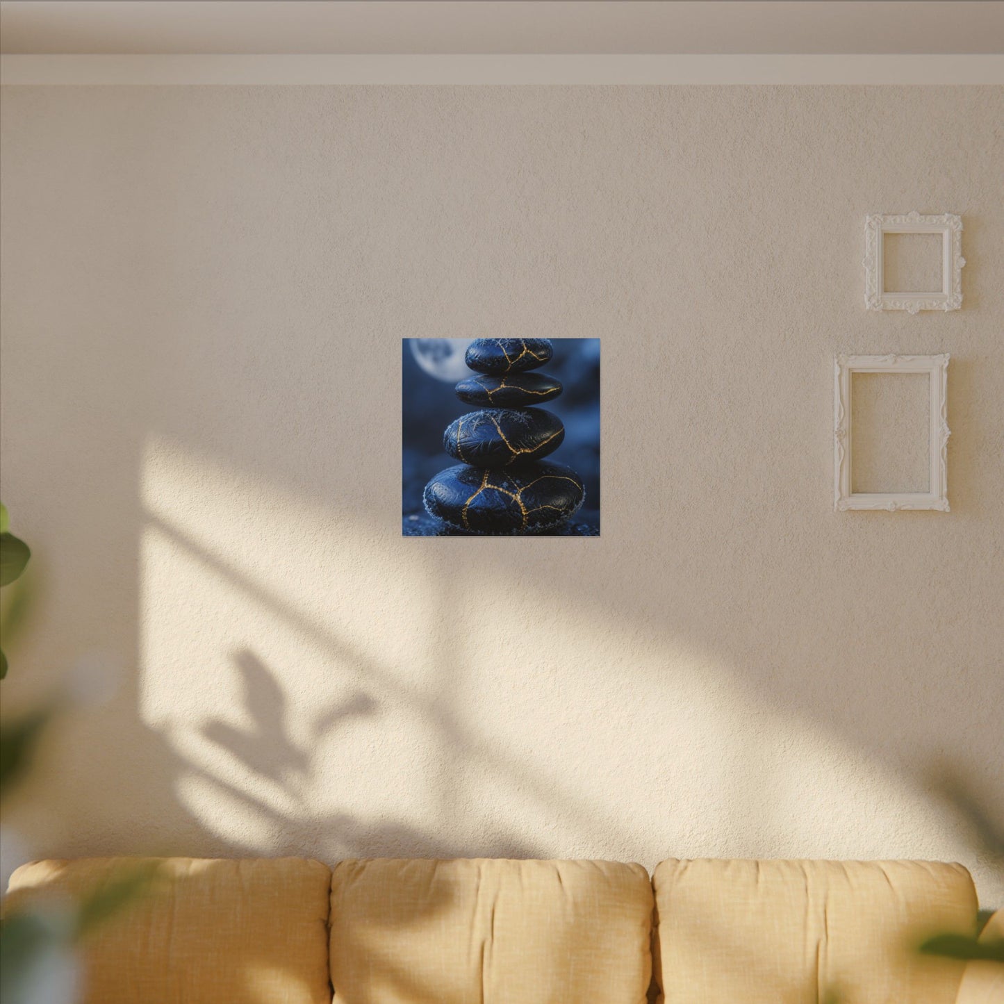 River Stones Canvas Art | Winter Kintsugi Gold Repair Art
