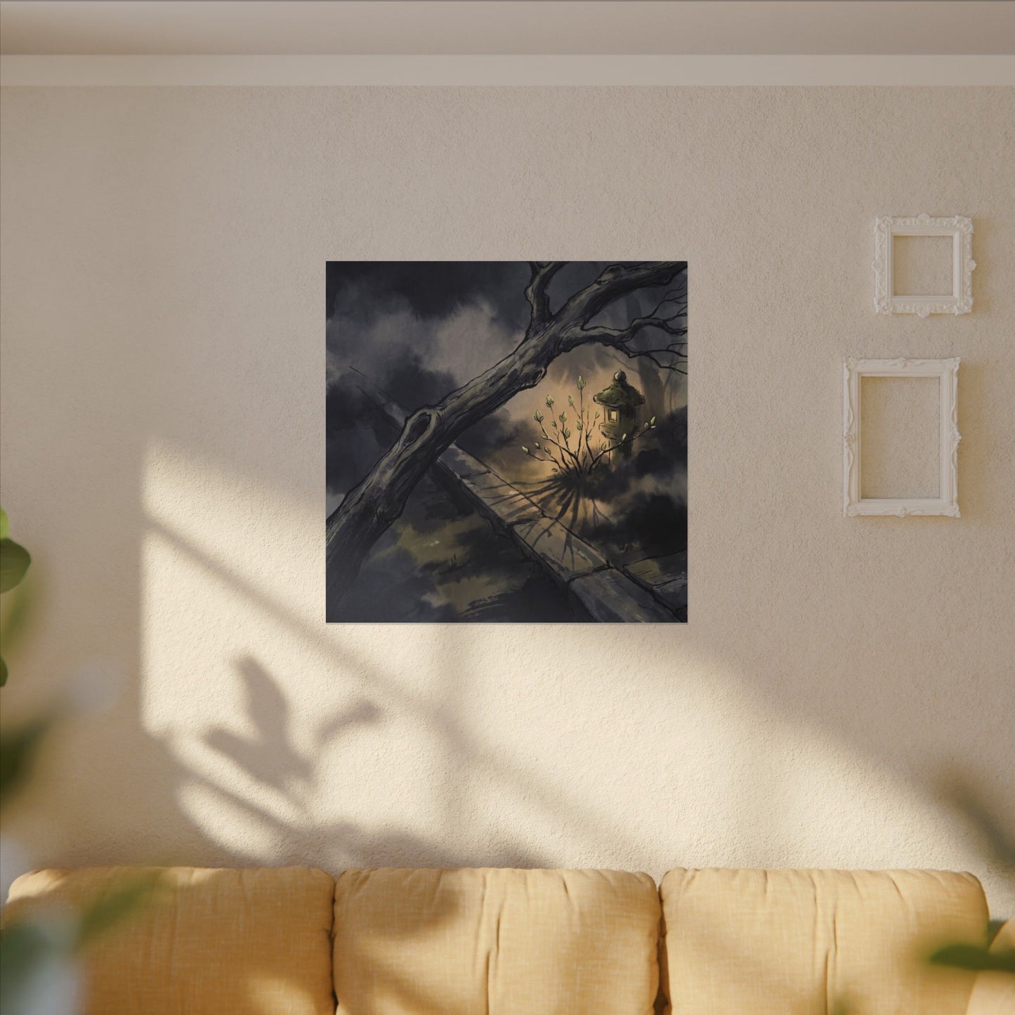 Dark Japandi Moonlit Garden in Golden Hour | Charcoal Ink Canvas Art