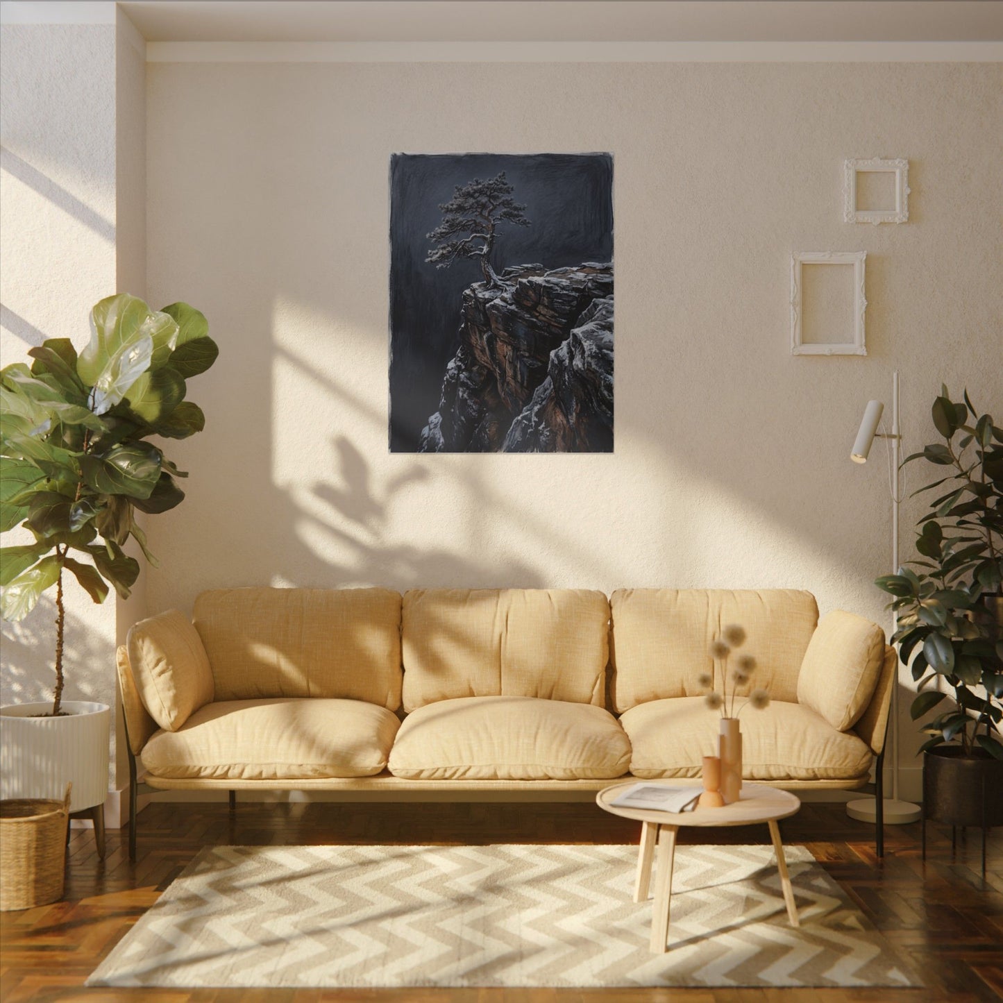 Dark Japandi Pine Tree in Dawn | Dark Texture Canvas Art