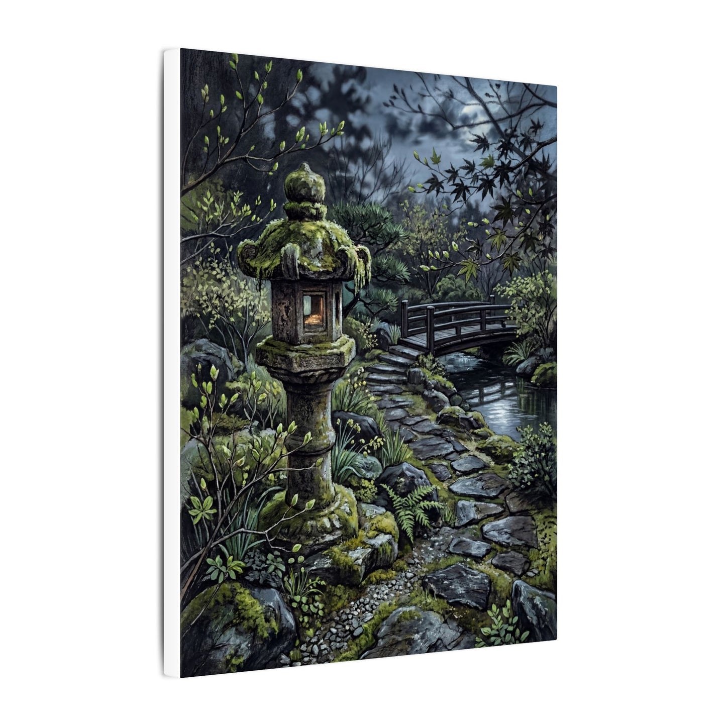 Japandi Stone Lantern in Moonlight | Texture Canvas Art