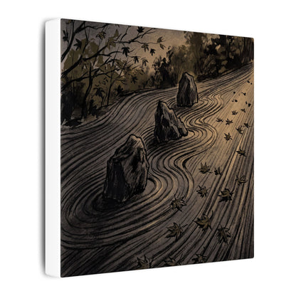 Rock Garden Canvas Art | Autumn Dark Japandi Charcoal Ink Art