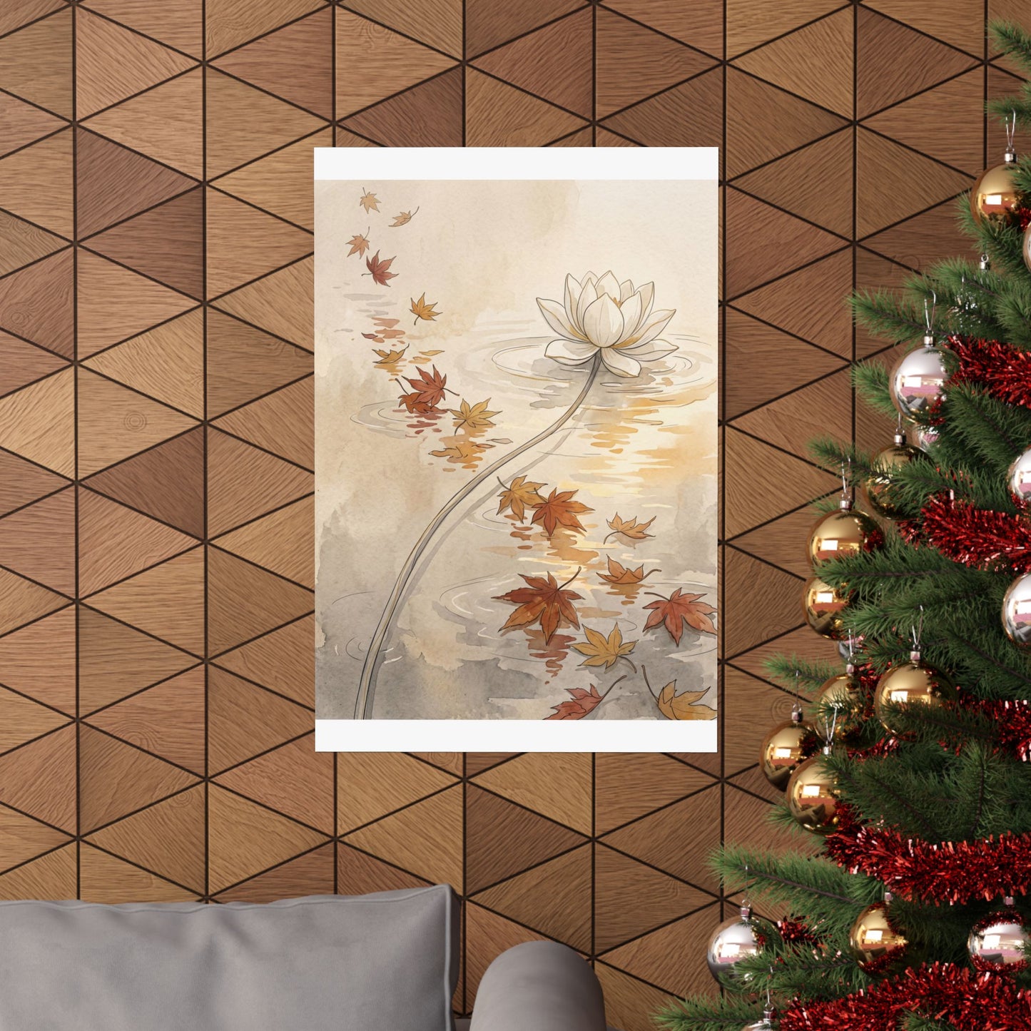 Japandi Lotus Flower in Golden Hour | Minimal Line Wall Art Print