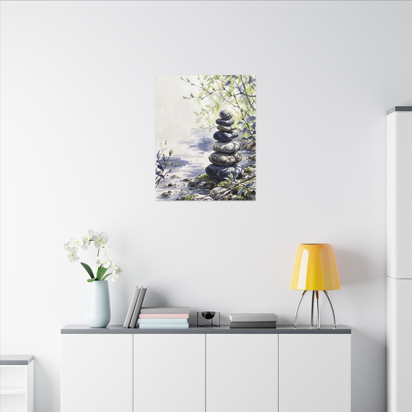 River Stones Sumi E Canvas Art | Serene Zen Art