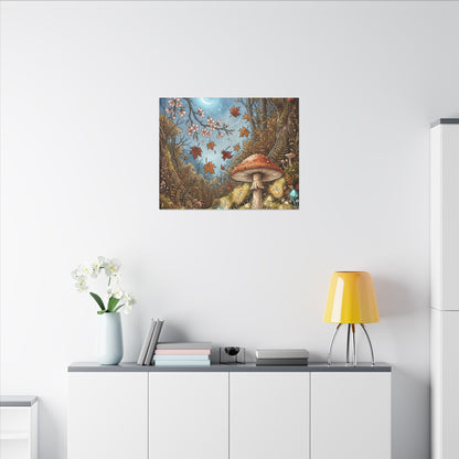 Autumn Cherry Blossom Mushroom Illustration Canvas Art | Enchanting Decor