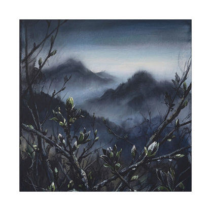 Mountain Mist Spring Canvas Art | Dark Japandi Atmospheric Design