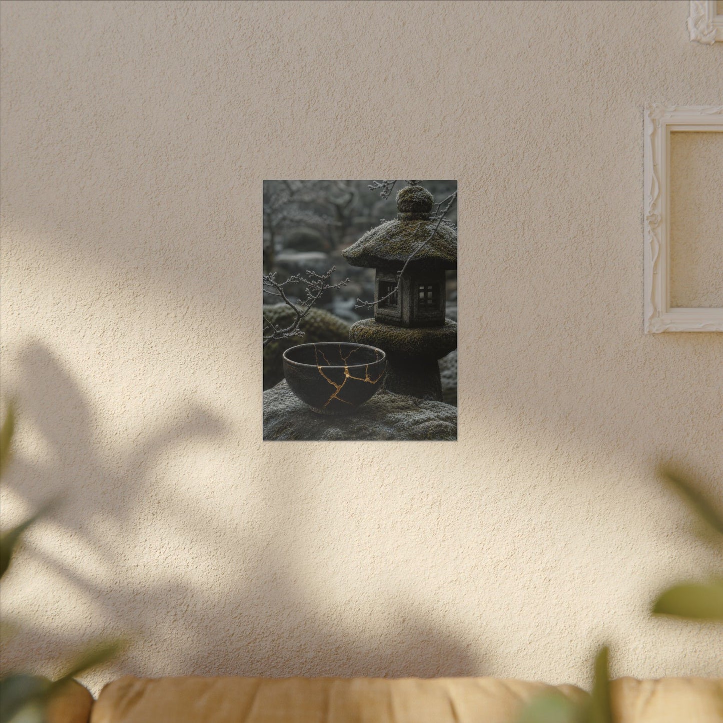 Stone Lantern Canvas Art | Winter Kintsugi Gold Repair Art