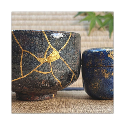 Tea Ceremony Crackle Gold Canvas Art | Philosophical Kintsugi Art